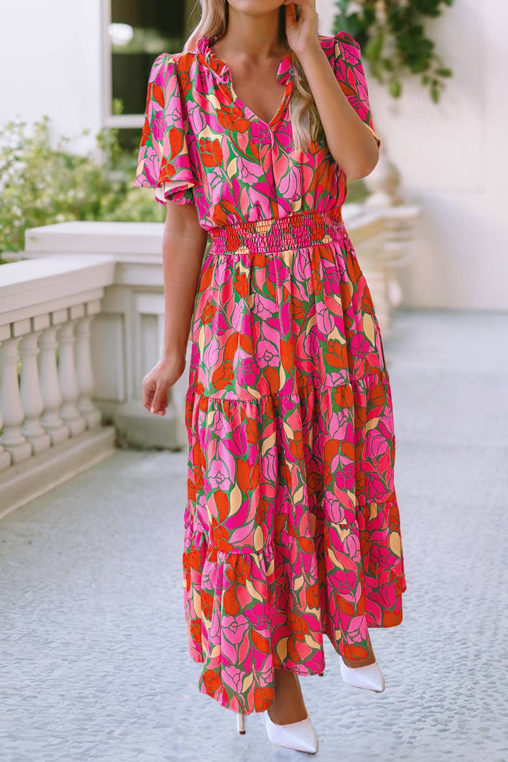 Floral Short Sleeve Smocked Waist Maxi Dress