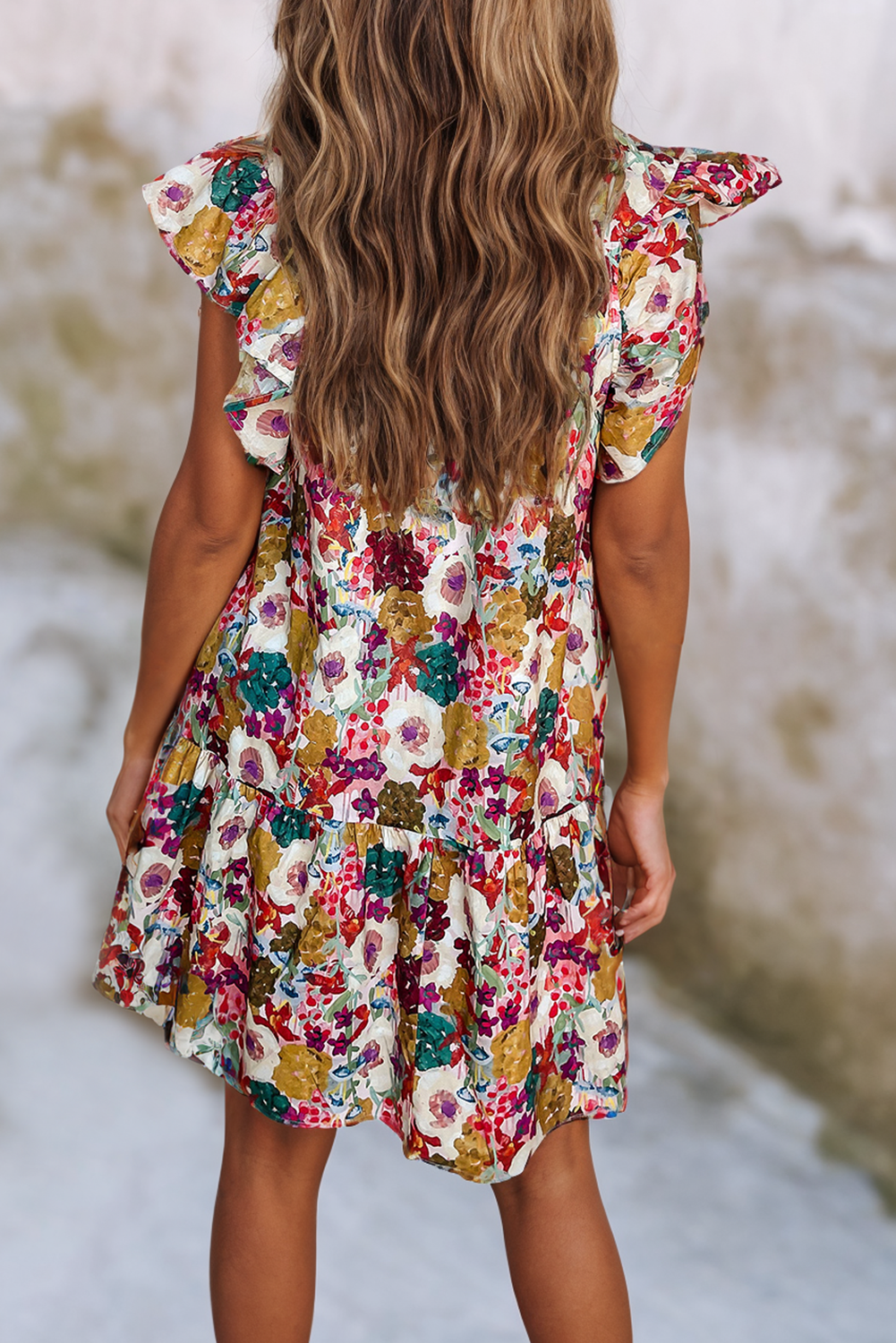 Floral Printed Split Neck Flutter Sleeve Dress