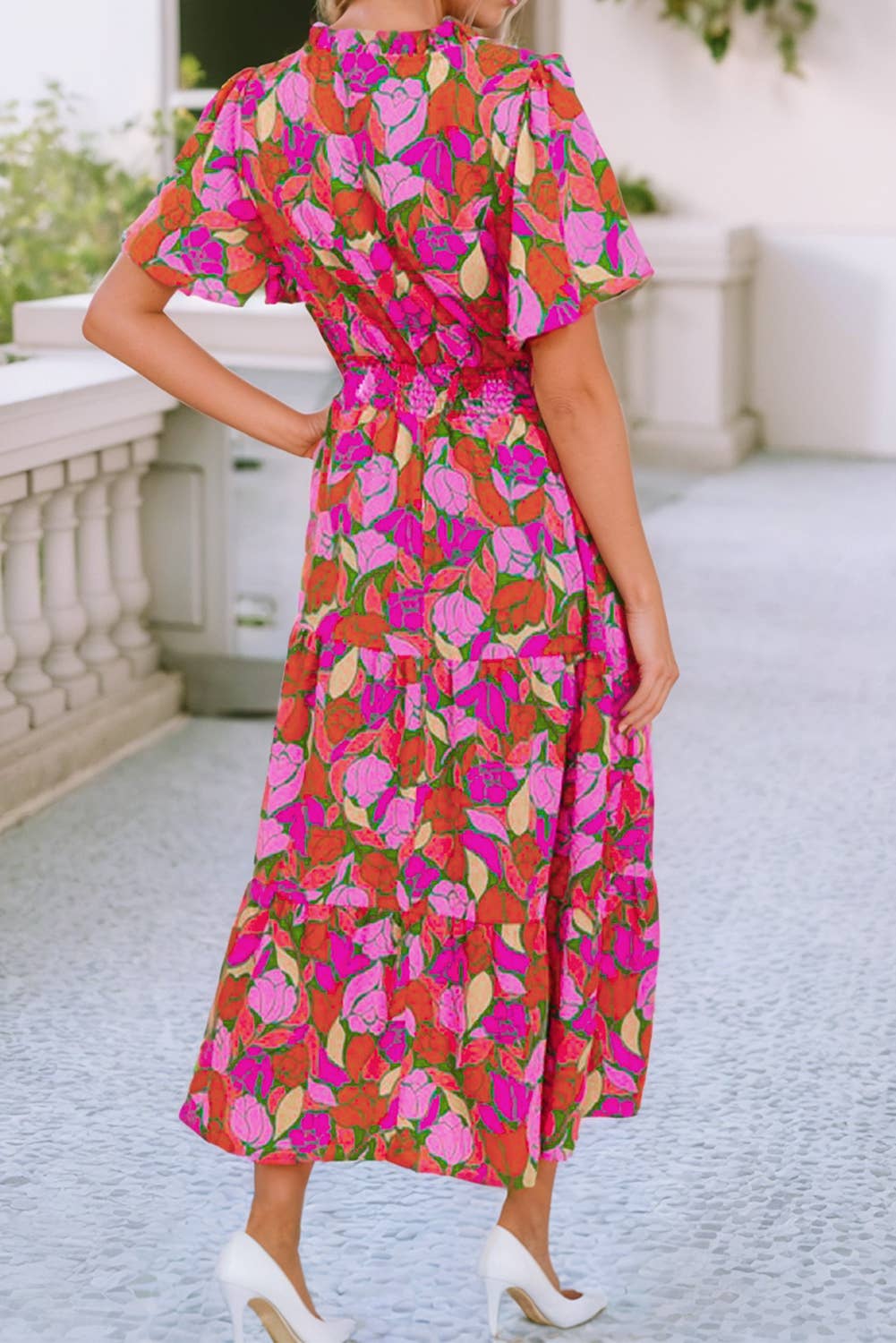Floral Short Sleeve Smocked Waist Maxi Dress