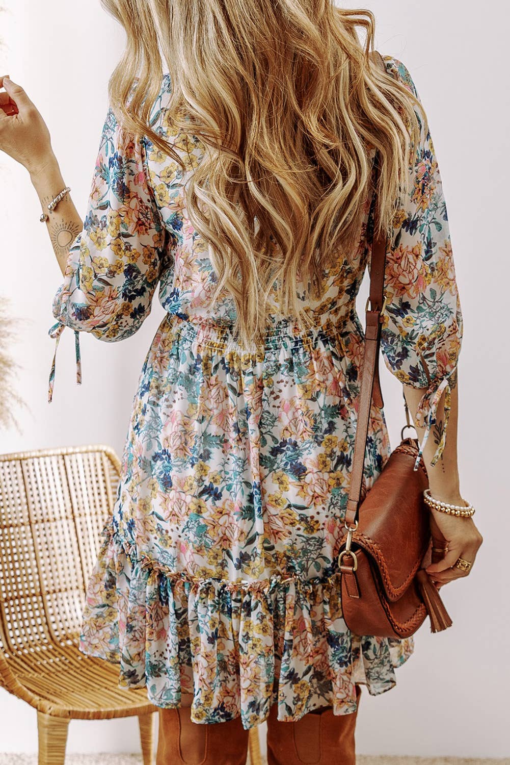 Floral V neck high waist ruffle dress