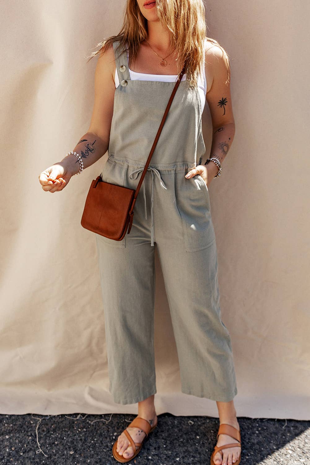 Drawstring Buttoned Straps Cropped Overall