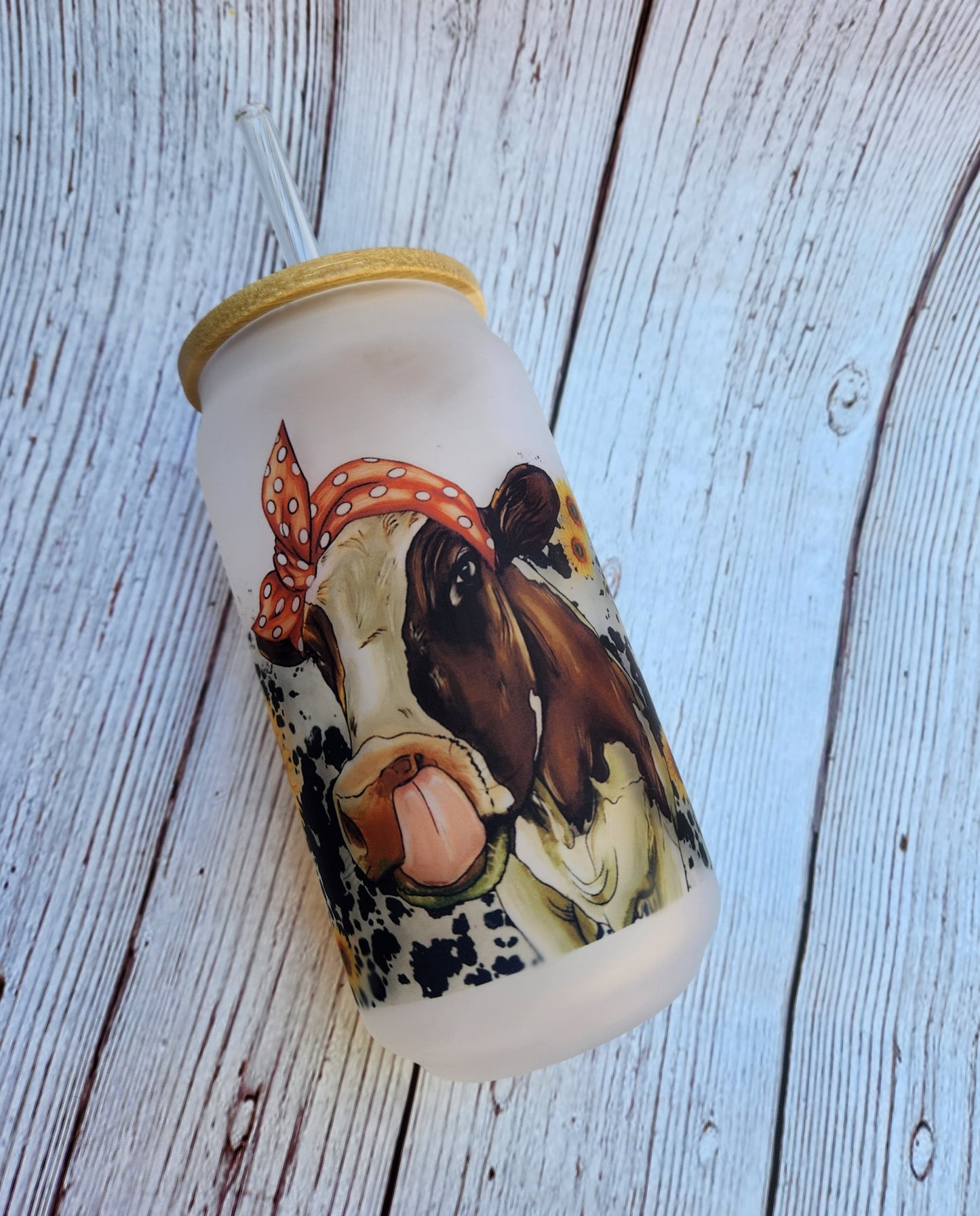 Cow with Sunflowers 18oz Glass Cup