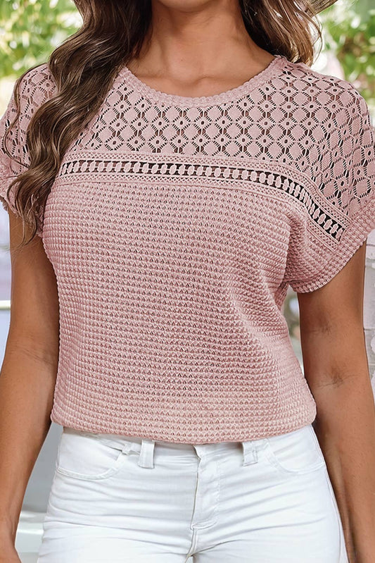 Lace Patchwork Waffle Short Sleeve Top