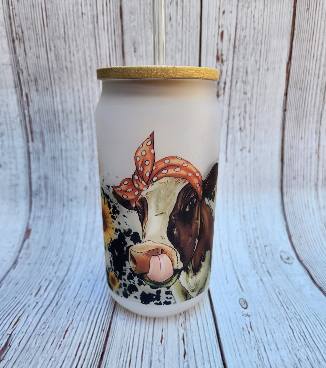 Cow with Sunflowers 18oz Glass Cup
