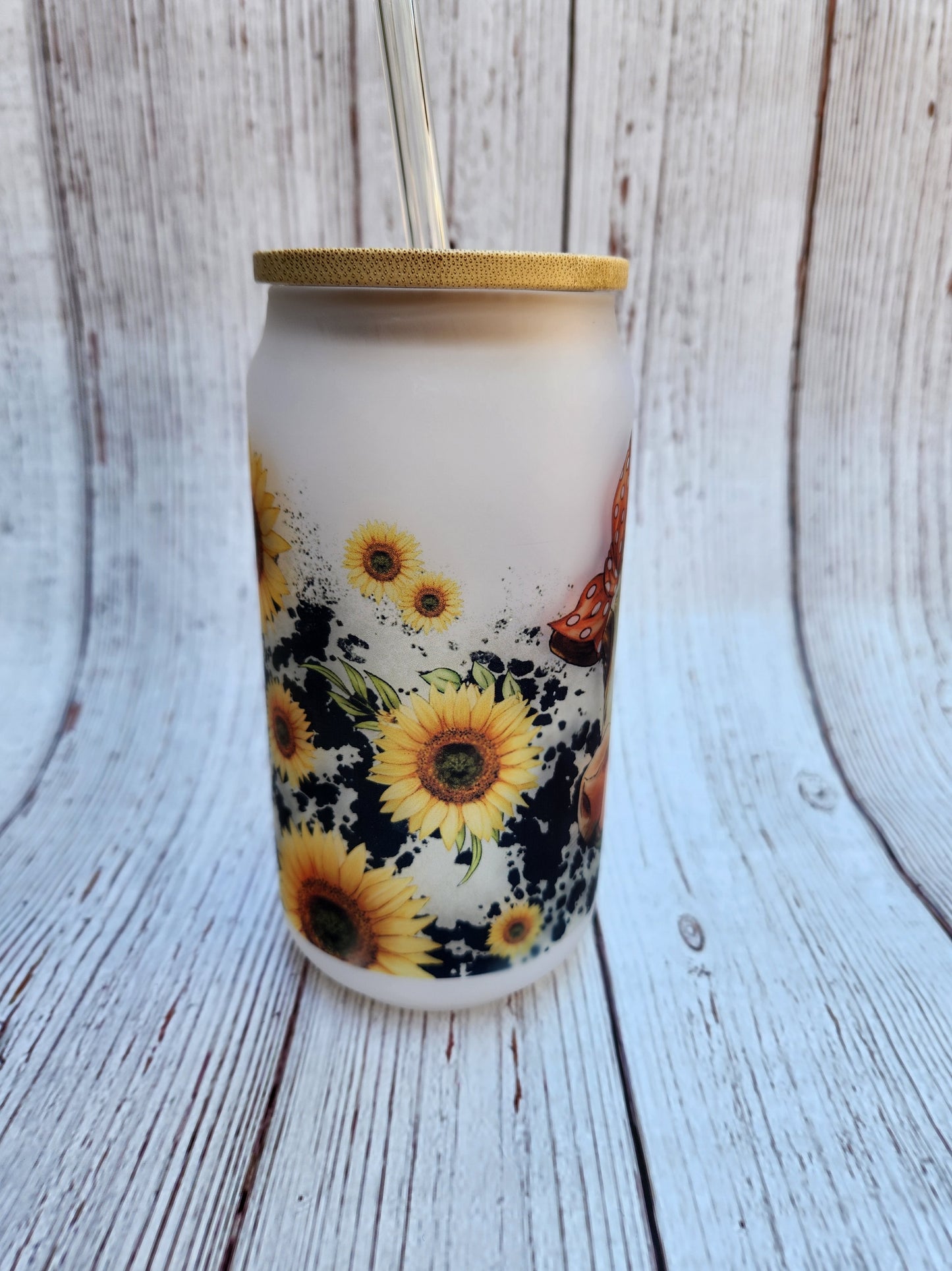 Cow with Sunflowers 18oz Glass Cup