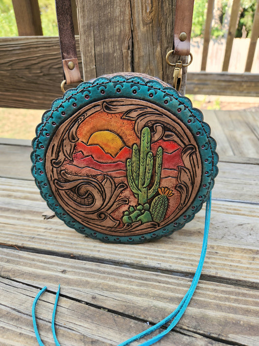 Cactus Sunset Circle Leather Purse