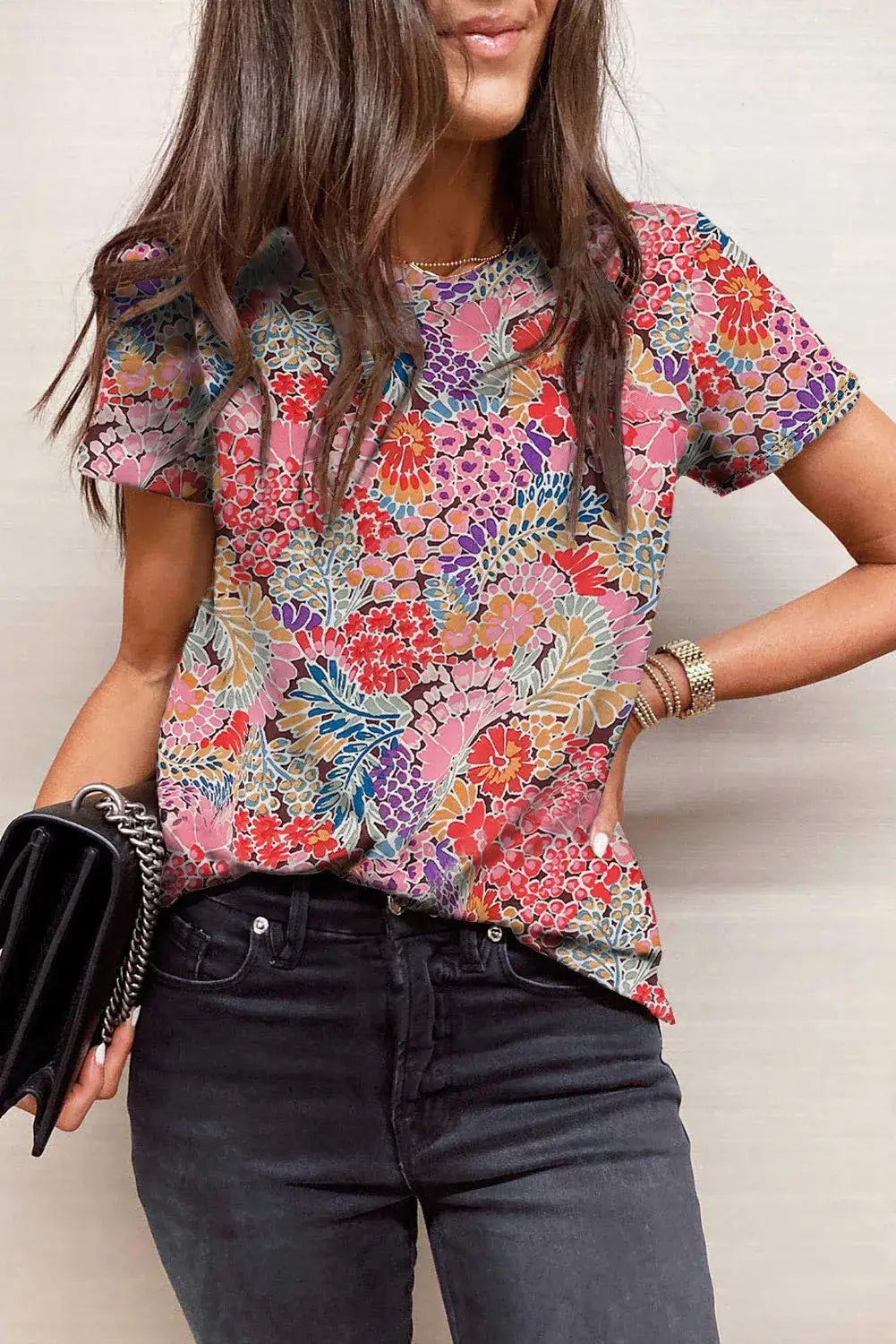 Red Short Sleeve Slim Fit Floral T Shirt