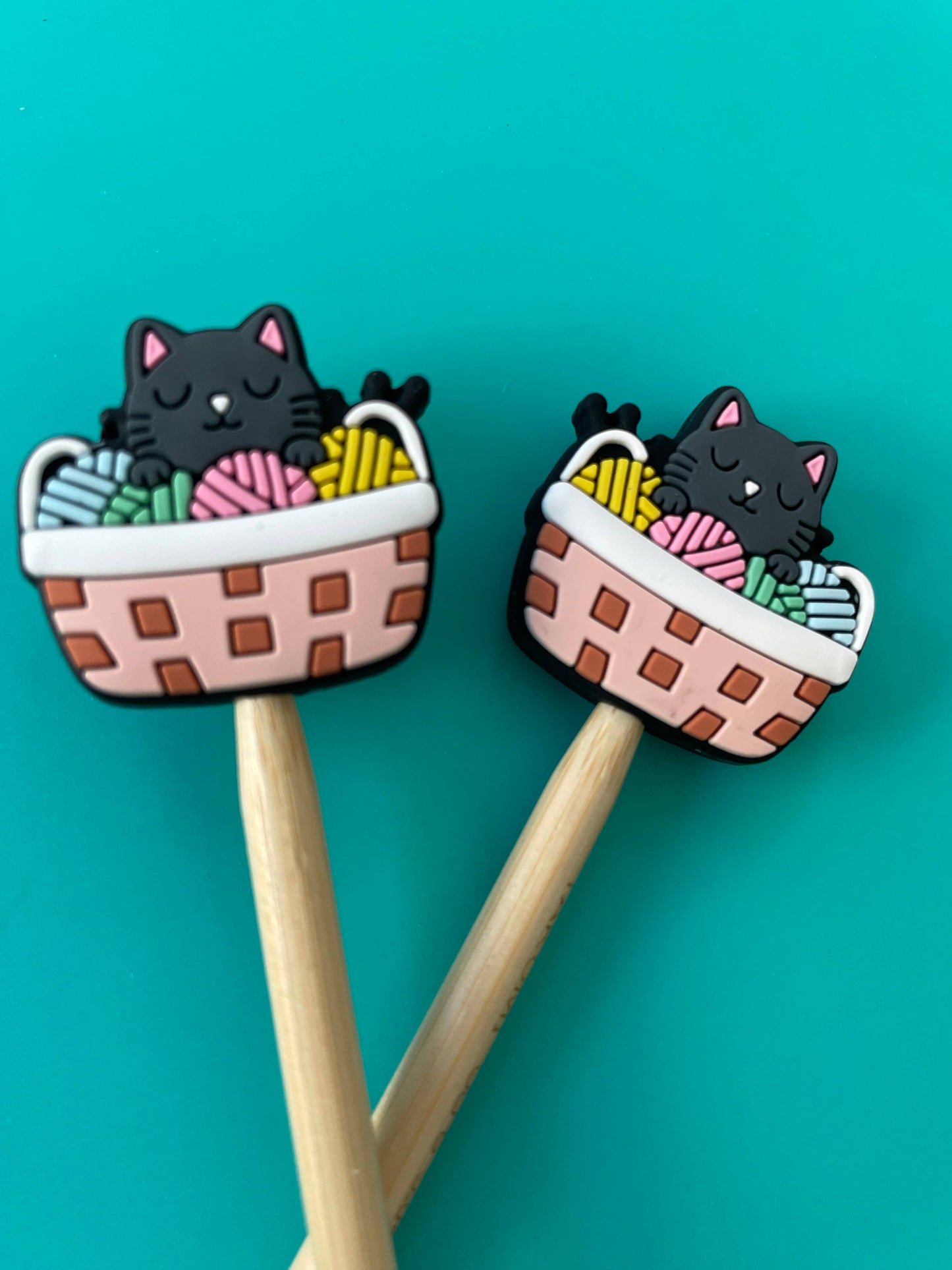 Knitting Needle Point Protectors Black Cat in Yarn Basket