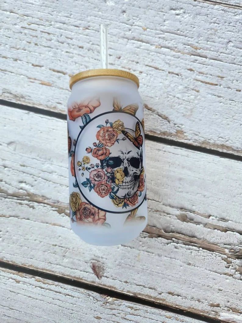 Skull, Butterflies and Roses 18oz Glass Cup